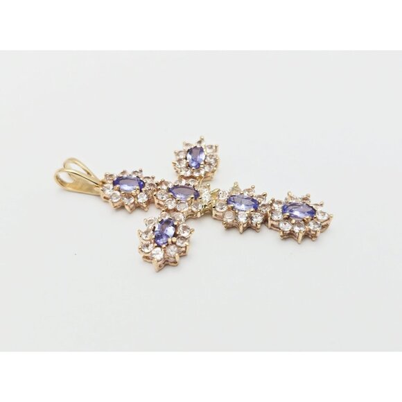 Unique 10K Karat Solid Yellow Gold Religious Tanzanite & CZ Cross Pendant Charm - Picture 7 of 13